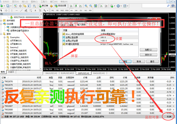 全局持仓实时监控盈亏自动平仓EA外汇黄金MT4套利交易持仓管理EA。